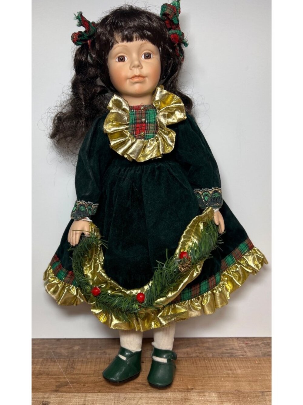Holiday Porcelain Doll With Green Velvet Dress Gold Accents & Plaid Details 16"